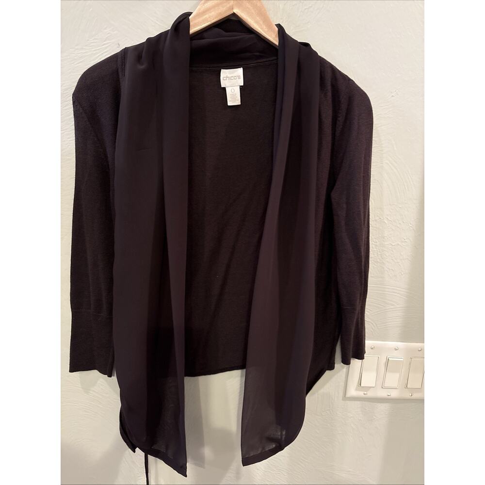 Chico's Women Open Front Chiffon-Neck Cardigan Brown Size S/M Side Pulls Summer